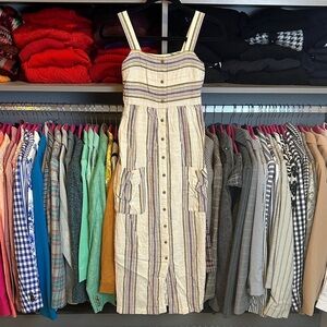 SO cream/multicolored striped front button closure 2 pocket midi dress size XS